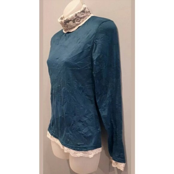 3/$20 Lace Trim Turtleneck Teal Top Long Sleeve Romantic Feminine Blouse - Picture 2 of 8